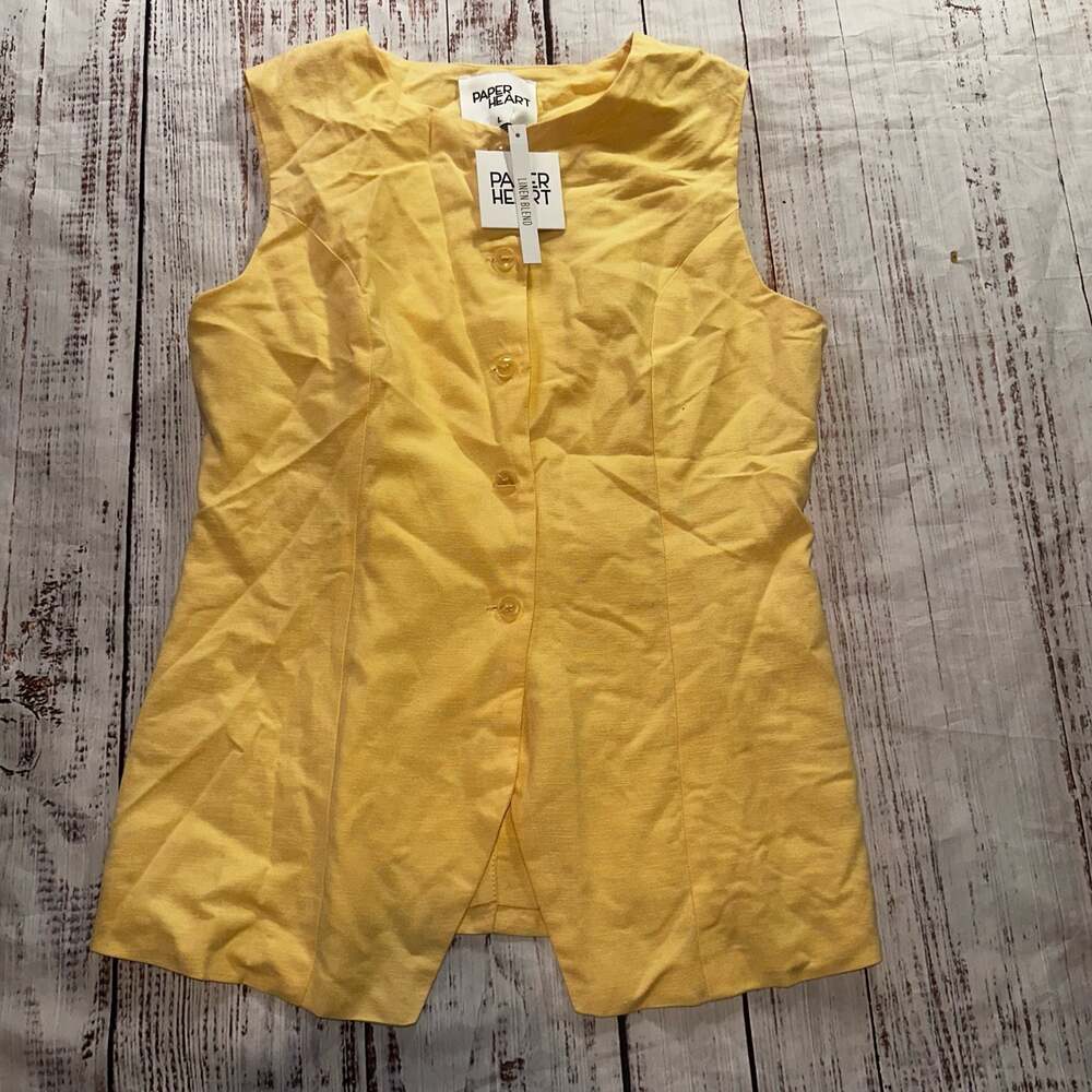 Paper Heart Yellow Linen Blend Button-Front Vest-L